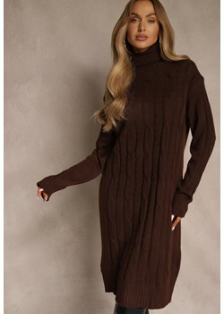 Brązowa Sukienka Sweterkowa z Golfem Wełną  Bawełną i Ozdobnym Splotem Reilenea - id: 3690-M-54-BROWN - marki Renee - 187257883 Brązowa Sukienka Sweterkowa z Golfem Wełną  Bawełną i Ozdobnym Splotem Reilenea ze sklepu renee.pl w kategorii Sukienki - zdjęcie 187257883