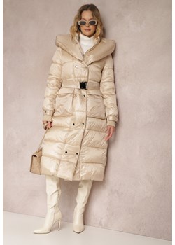 Jasnobeżowa Kurtka Długa z Szerokim Kołnierzem i Paskiem Dzerassa ze sklepu renee.pl w kategorii Kurtki damskie - zdjęcie 187260151