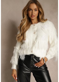 Jasnobeżowy Kardigan w Eleganckim Stylu z Imitacją Piór i Perłowymi Guzikami Nessea - id: 3750-M-299-CREAM - marki Renee - 187260171 Jasnobeżowy Kardigan w Eleganckim Stylu z Imitacją Piór i Perłowymi Guzikami Nessea ze sklepu renee.pl w kategorii Swetry damskie - zdjęcie 187260171