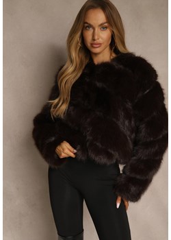Brązowa Futrzana Kurtka o Krótkim Kroju Zapinana na Haftki Alorith - id: Y168-54-BROWN - marki Renee - 187260181 Brązowa Futrzana Kurtka o Krótkim Kroju Zapinana na Haftki Alorith ze sklepu renee.pl w kategorii Futra damskie - zdjęcie 187260181