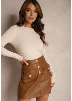 Beżowy Sweter z Dodatkiem Bawełny z Prążkowanego Materiału Mevalay - id: 3706-MIX7K-43-L.BEIGE - marki Renee - 187263323 Beżowy Sweter z Dodatkiem Bawełny z Prążkowanego Materiału Mevalay ze sklepu renee.pl w kategorii Swetry damskie - zdjęcie 187263323