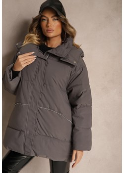 Ciemnoszara Kurtka Oversize z Pikowanymi Przeszyciami Kapturem Kieszeniami i Cyrkoniami Etairea ze sklepu renee.pl w kategorii Kurtki damskie - zdjęcie 187263334