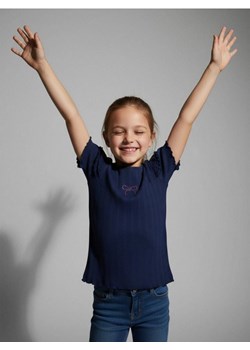 Sinsay - Koszulka z prążkowanej dzianiny zdobiona falbanami - granatowy ze sklepu Sinsay w kategorii Bluzki dziewczęce - zdjęcie 187266502