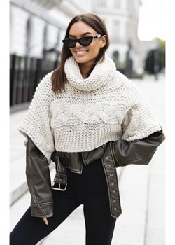 ponczo narzutka susan ze splotem polski producent j&k premium  - beżowe ze sklepu STYLOWO w kategorii Swetry damskie - zdjęcie 187270140