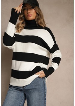 Czarno-Biały Golf Ozdobiony Paskami Raluna - id: WMY-5828-98-BLACK/WHITE - marki Renee - 187275740 Czarno-Biały Golf Ozdobiony Paskami Raluna ze sklepu renee.pl w kategorii Swetry damskie - zdjęcie 187275740