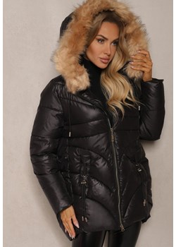 Czarna Trapezowa Kurtka z Pikowanymi Przeszyciami i Kapturem z Odpinanym Futrem Deoiala ze sklepu renee.pl w kategorii Kurtki damskie - zdjęcie 187277184