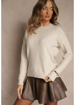 Jasnobeżowy Sweter z Tłoczonymi Sercami Unareia - id: WMY-5795-MIX6K-299-CREAM - marki Renee - 187277194 Jasnobeżowy Sweter z Tłoczonymi Sercami Unareia ze sklepu renee.pl w kategorii Swetry damskie - zdjęcie 187277194