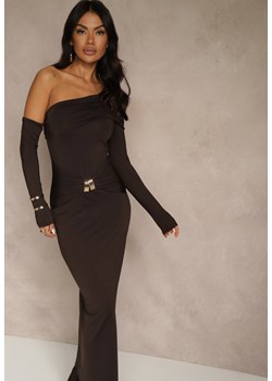 Brązowa Sukienka z Wiskozą Aplikacją Marszczeniem i Wywiniętym Dekoltem Reilenna - id: E26066-54-BROWN - marki Renee - 187278233 Brązowa Sukienka z Wiskozą Aplikacją Marszczeniem i Wywiniętym Dekoltem Reilenna ze sklepu renee.pl w kategorii Sukienki - zdjęcie 187278233