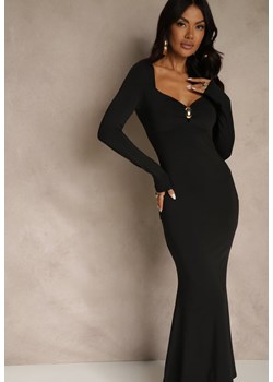 Czarna Sukienka Koktajlowa z Wiskozą i Metaliczną Klamrą przy Dekolcie Refire - id: E25979-38-BLACK - marki Renee - 187278243 Czarna Sukienka Koktajlowa z Wiskozą i Metaliczną Klamrą przy Dekolcie Refire ze sklepu renee.pl w kategorii Sukienki - zdjęcie 187278243