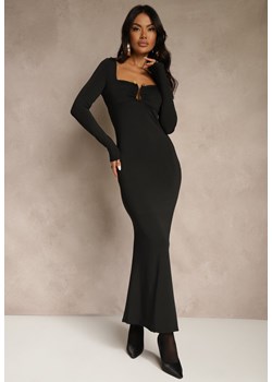 Czarna Sukienka Koktajlowa z Wiskozą Ozdobiona Metaliczną Aplikacją Refane - id: E0397-38-BLACK - marki Renee - 187278253 Czarna Sukienka Koktajlowa z Wiskozą Ozdobiona Metaliczną Aplikacją Refane ze sklepu renee.pl w kategorii Sukienki - zdjęcie 187278253