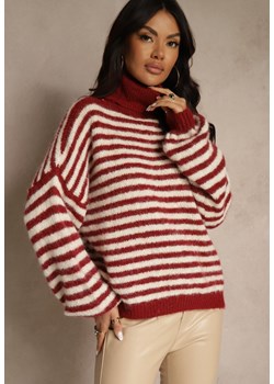 Bordowy Golf z Dodatkiem Wełny Ozdobiony Paskami Monarria - id: GAZZ-51196-65-BORDO - marki Renee - 187278263 Bordowy Golf z Dodatkiem Wełny Ozdobiony Paskami Monarria ze sklepu renee.pl w kategorii Swetry damskie - zdjęcie 187278263