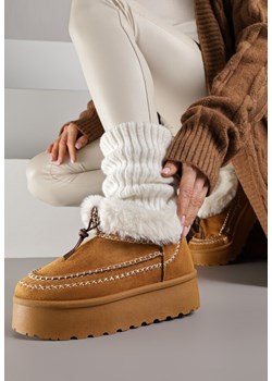 Brązowe Śniegowce na Platformie Ozdobione Futerkiem i Przeszyciami Linerva - id: LT410-68-CAMEL - marki Renee - 187278314 Brązowe Śniegowce na Platformie Ozdobione Futerkiem i Przeszyciami Linerva ze sklepu renee.pl w kategorii Śniegowce damskie - zdjęcie 187278314
