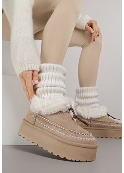 Ciemnobeżowe Śniegowce na Platformie Ozdobione Futerkiem i Przeszyciami Linerva - id: LT410-85-KHAKI - marki Renee - 187278321 Ciemnobeżowe Śniegowce na Platformie Ozdobione Futerkiem i Przeszyciami Linerva ze sklepu renee.pl w kategorii Śniegowce damskie - zdjęcie 187278321