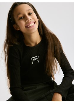 Reserved - Prążkowana koszulka z aplikacją - czarny - id: 381FT-99X - marki Reserved - 187278382 Reserved - Prążkowana koszulka z aplikacją - czarny ze sklepu Reserved w kategorii Bluzki dziewczęce - zdjęcie 187278382