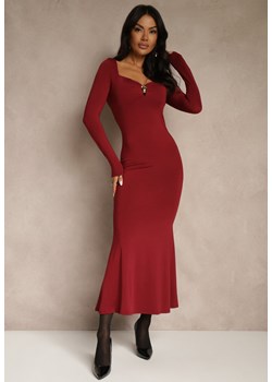 Bordowa Sukienka Koktajlowa z Wiskozą i Metaliczną Klamrą przy Dekolcie Refire - id: E25979-65-BORDO - marki Renee - 187279771 Bordowa Sukienka Koktajlowa z Wiskozą i Metaliczną Klamrą przy Dekolcie Refire ze sklepu renee.pl w kategorii Sukienki - zdjęcie 187279771