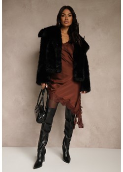 Brązowa Satynowa Sukienka Asymetryczna z Koronką Monoria - id: ST19554-448-COFFEE - marki Renee - 187279790 Brązowa Satynowa Sukienka Asymetryczna z Koronką Monoria ze sklepu renee.pl w kategorii Sukienki - zdjęcie 187279790