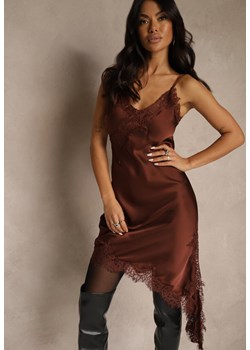 Brązowa Satynowa Sukienka Asymetryczna z Koronką Monoria - id: ST19554-448-COFFEE - marki Renee - 187279793 Brązowa Satynowa Sukienka Asymetryczna z Koronką Monoria ze sklepu renee.pl w kategorii Sukienki - zdjęcie 187279793