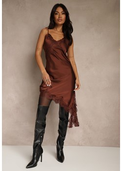 Brązowa Satynowa Sukienka Asymetryczna z Koronką Monoria ze sklepu renee.pl w kategorii Sukienki - zdjęcie 187279794