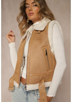Beżowa Kamizelka w Rockowym Stylu z Futerkiem w Stylu Baranka i Klamrą Tiofira ze sklepu renee.pl w kategorii Kamizelki damskie - zdjęcie 187289533