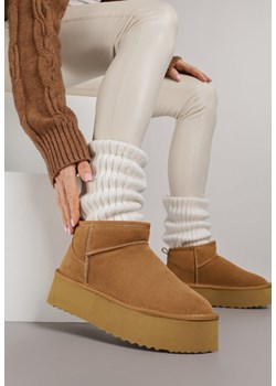 Jasnobrązowe Wsuwane Śniegowce na Platformie z Cholewką z Zamszu Naturalnego Mevelessa ze sklepu born2be.pl w kategorii Śniegowce damskie - zdjęcie 187290153