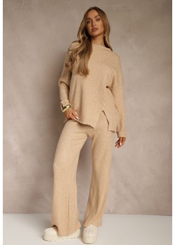 Beżowy Komplet z Wełną i Bawełną Sweter z Guzikami i Szerokie Spodnie Reinelia - id: 3823-M-43-L.BEIGE - marki Renee - 187290192 Beżowy Komplet z Wełną i Bawełną Sweter z Guzikami i Szerokie Spodnie Reinelia ze sklepu renee.pl w kategorii Komplety i garnitury damskie - zdjęcie 187290192