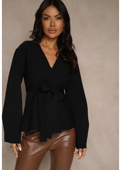 Czarny Kardigan z Wiskozą Ozdobiony w Pasie Wiązaniem Tusllima - id: 05980-38-BLACK - marki Renee - 187290232 Czarny Kardigan z Wiskozą Ozdobiony w Pasie Wiązaniem Tusllima ze sklepu renee.pl w kategorii Swetry damskie - zdjęcie 187290232