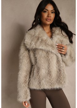 Beżowa Kurtka Futerko Ozdobione Cieniowanym Motywem Monideva - id: LM7195-42-BEIGE - marki Renee - 187290252 Beżowa Kurtka Futerko Ozdobione Cieniowanym Motywem Monideva ze sklepu renee.pl w kategorii Futra damskie - zdjęcie 187290252