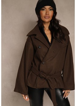 Brązowy Pudełkowy Krótki Płaszcz z Wiskozą z Wiązanym Paskiem i Kołnierzykiem Tusainea ze sklepu renee.pl w kategorii Płaszcze damskie - zdjęcie 187290270