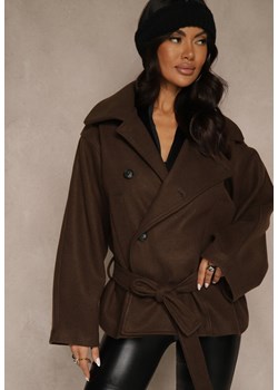Brązowy Pudełkowy Krótki Płaszcz z Wiskozą z Wiązanym Paskiem i Kołnierzykiem Tusainea - id: 25099-54-BROWN - marki Renee - 187290272 Brązowy Pudełkowy Krótki Płaszcz z Wiskozą z Wiązanym Paskiem i Kołnierzykiem Tusainea ze sklepu renee.pl w kategorii Płaszcze damskie - zdjęcie 187290272