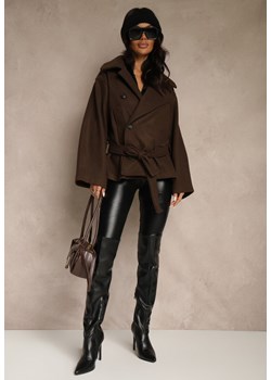 Brązowy Pudełkowy Krótki Płaszcz z Wiskozą z Wiązanym Paskiem i Kołnierzykiem Tusainea ze sklepu renee.pl w kategorii Płaszcze damskie - zdjęcie 187290273