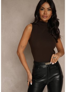 Ciemnobrązowy Dopasowany Top z Bawełny z Półgolfem Unellesa - id: JMC20737-137-D.BROWN - marki Renee - 187290324 Ciemnobrązowy Dopasowany Top z Bawełny z Półgolfem Unellesa ze sklepu renee.pl w kategorii Bluzki damskie - zdjęcie 187290324