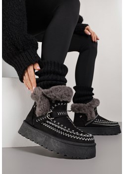 Czarne Śniegowce na Grubej Podeszwie Ozdobione Haftowanym Motywem i Futerkiem Caretusa ze sklepu born2be.pl w kategorii Śniegowce damskie - zdjęcie 187292321
