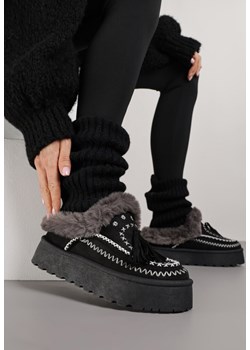 Czarne Śniegowce na Grubej Podeszwie z Haftem i Futerkiem Ezilune ze sklepu born2be.pl w kategorii Śniegowce damskie - zdjęcie 187292342