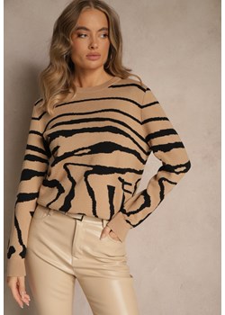 Ciemnobeżowy Klasyczny Sweter w Zebrę Unarella ze sklepu renee.pl w kategorii Swetry damskie - zdjęcie 187292420
