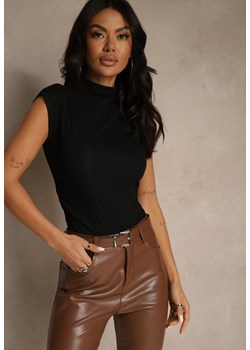 Czarny Top z Bawełny i Wiskozy ze Stójką i Marszczeniem w Talii Zetelie ze sklepu renee.pl w kategorii Bluzki damskie - zdjęcie 187292440