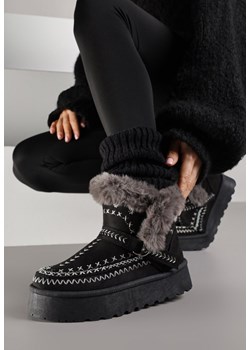 Czarne Śniegowce na Platformie z Futerkiem i Haftowanym Wzorem Celatusa ze sklepu renee.pl w kategorii Śniegowce damskie - zdjęcie 187292484