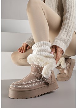 Ciemnobeżowe Śniegowce na Platformie z Futerkiem i Haftowanym Wzorem Celatusa ze sklepu renee.pl w kategorii Śniegowce damskie - zdjęcie 187292491