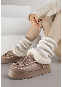 Ciemnobeżowe Śniegowce na Platformie Ozdobione Frędzlami i Haftem Ezivelle ze sklepu renee.pl w kategorii Śniegowce damskie - zdjęcie 187292512