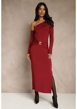 Bordowa Sukienka z Wiskozą Aplikacją Marszczeniem i Wywiniętym Dekoltem Reilenna ze sklepu renee.pl w kategorii Sukienki - zdjęcie 187296860