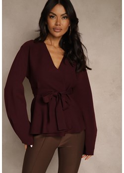 Bordowy Kardigan z Wiskozą Ozdobiony w Pasie Wiązaniem Tusllima - id: 05980-65-BORDO - marki Renee - 187296880 Bordowy Kardigan z Wiskozą Ozdobiony w Pasie Wiązaniem Tusllima ze sklepu renee.pl w kategorii Swetry damskie - zdjęcie 187296880