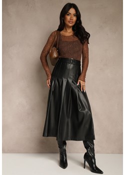 Czarna Plisowana Spódnica z Imitacji Skóry o Rozkloszowanym Kroju Tusdera - id: AGK-7513-38-BLACK - marki Renee - 187296890 Czarna Plisowana Spódnica z Imitacji Skóry o Rozkloszowanym Kroju Tusdera ze sklepu renee.pl w kategorii Spódnice - zdjęcie 187296890