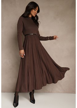 Brązowa Dzianinowa Sukienka Rozkloszowana Longsleeve z Wiskozą i Paskiem Tusnira - id: S3123-54-BROWN - marki Renee - 187296900 Brązowa Dzianinowa Sukienka Rozkloszowana Longsleeve z Wiskozą i Paskiem Tusnira ze sklepu renee.pl w kategorii Sukienki - zdjęcie 187296900