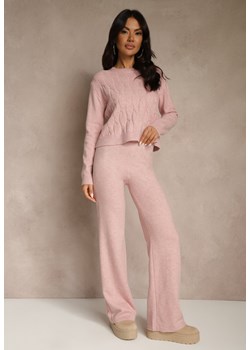 Jasnoróżowy Dzianinowy Komplet z Wełną Spodnie Wide Leg i Sweter Cropped Nezera - id: 3693-M-46-L.PINK - marki Renee - 187316751 Jasnoróżowy Dzianinowy Komplet z Wełną Spodnie Wide Leg i Sweter Cropped Nezera ze sklepu renee.pl w kategorii Komplety i garnitury damskie - zdjęcie 187316751