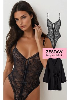 Komplet czarne otwarte body i satynowy szlafrok MIDNIGHT SIN, Kolor czarny, Rozmiar S/M/L, PURE SIN ze sklepu Intymna w kategorii Body damskie - zdjęcie 187324474