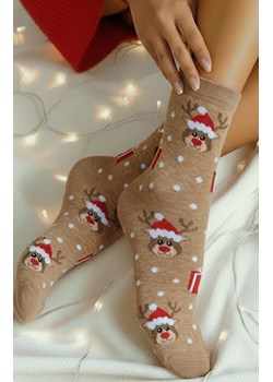 Świąteczne skarpetki damskie beżowe Renifery i prezenty 1283.032, Kolor beżowy, Rozmiar 37-41, Milena ze sklepu Primodo w kategorii Skarpetki damskie - zdjęcie 187330764