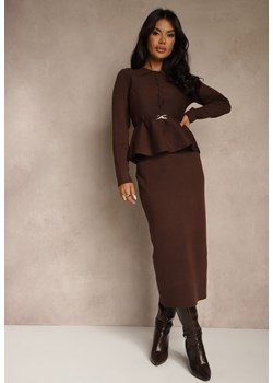 Brązowy Elegancki Komplet Garniturowy z Wiskozą Taliowana Marynarka i Spódnica Zaite ze sklepu renee.pl w kategorii Komplety i garnitury damskie - zdjęcie 187334172