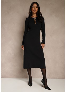 Czarna Prążkowana Sukienka z Dzianiny z Wiskozą Zdobiona Aplikacjami Tusmeira ze sklepu renee.pl w kategorii Sukienki - zdjęcie 187338173