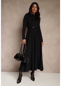 Czarna Dzianinowa Sukienka Rozkloszowana Longsleeve z Wiskozą i Paskiem Tusnira ze sklepu renee.pl w kategorii Sukienki - zdjęcie 187338183