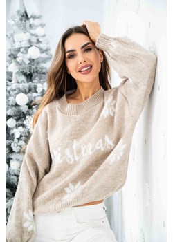 świąteczny krótki sweter print christmas polski producent tmc -  beżowo - biały ze sklepu STYLOWO w kategorii Swetry damskie - zdjęcie 187338223