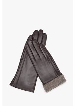 Estro: Klasyczne ciemnobrązowe rękawiczki damskie ze skóry naturalnej z wełnianą podszewką ze sklepu Estro w kategorii Rękawiczki damskie - zdjęcie 187342411